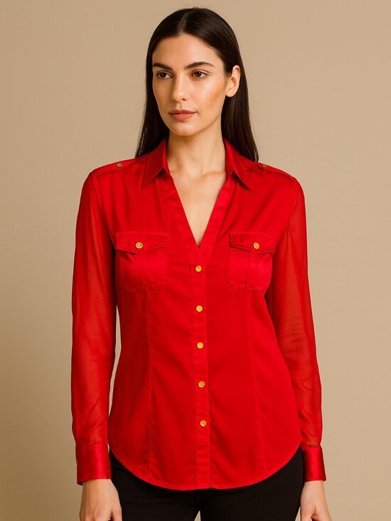 Caché Vintage Red Silk Button Blouse Gold Button Dressy Luxe Holiday Party Top M - Picture 1 of 7